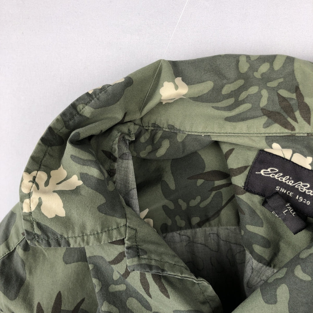 Eddie Bauer all-over botanical pattern open-collar Hawaiian Aloha shirt, boxy fit, men's size L. cotton Khaki type Vintage Second Hand
