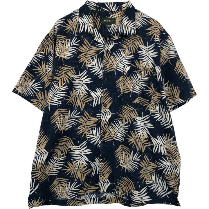 Eddie Bauer all-over leaf pattern open-collar Hawaiian Aloha shirt, boxy fit, men's size L. cotton navy blue type Vintage Second Hand