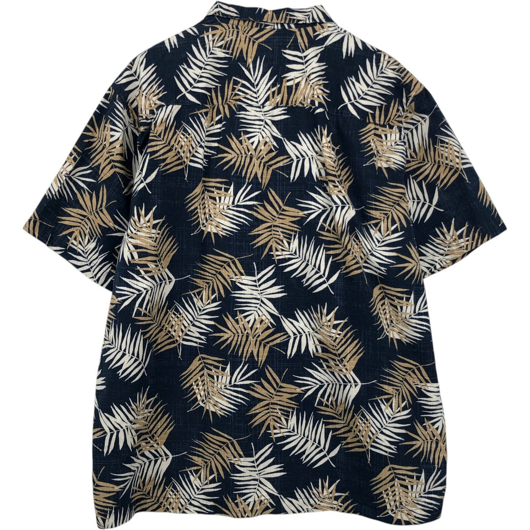 Eddie Bauer all-over leaf pattern open-collar Hawaiian Aloha shirt, boxy fit, men's size L. cotton navy blue type Vintage Second Hand