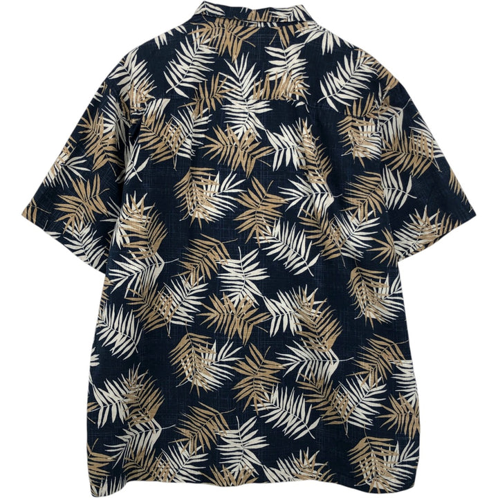 Eddie Bauer all-over leaf pattern open-collar Hawaiian Aloha shirt, boxy fit, men's size L. cotton navy blue type Vintage Second Hand
