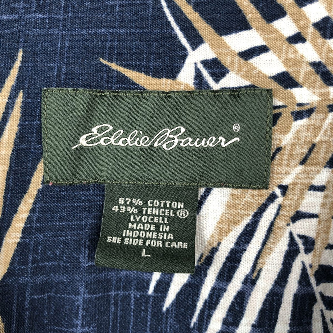 Eddie Bauer all-over leaf pattern open-collar Hawaiian Aloha shirt, boxy fit, men's size L. cotton navy blue type Vintage Second Hand