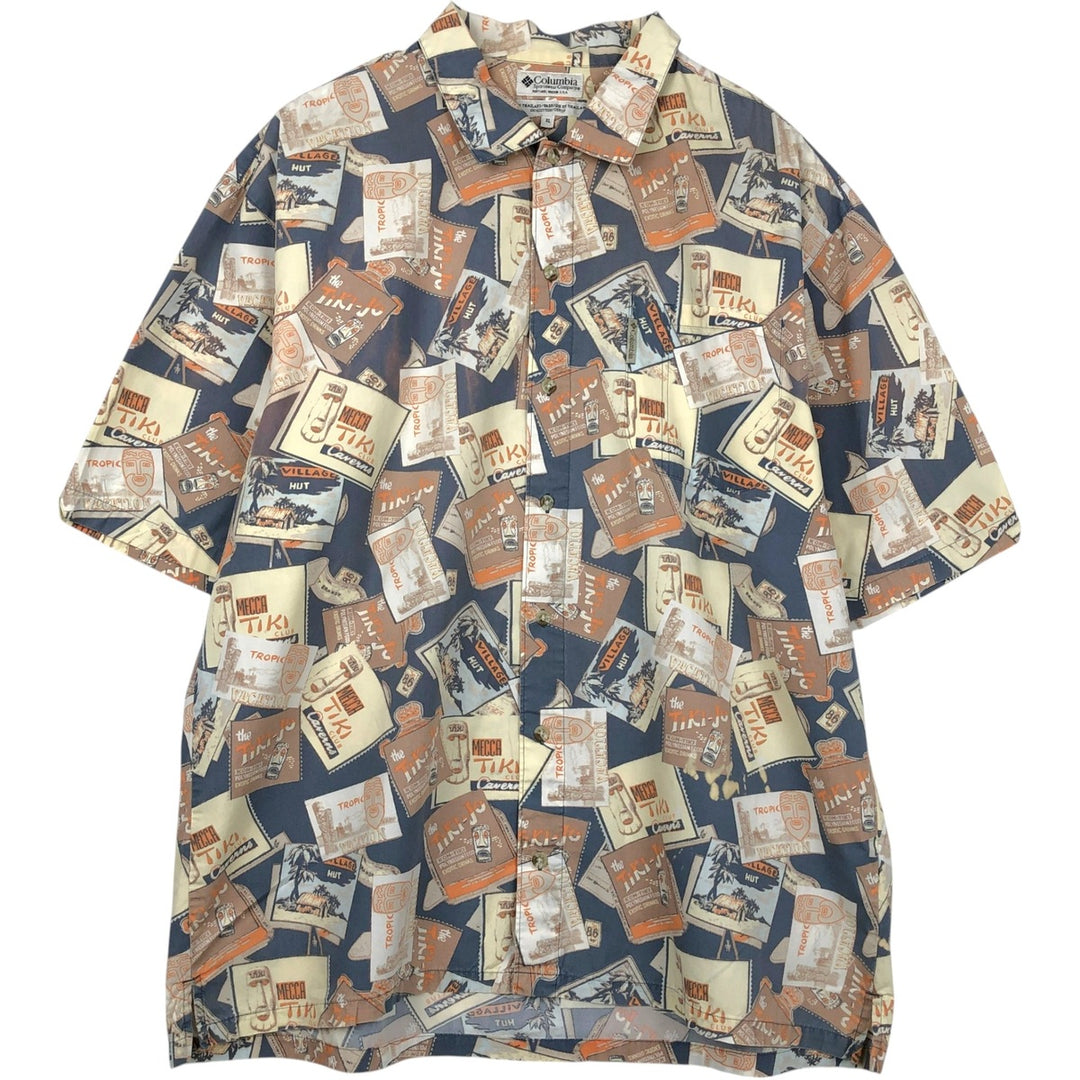 90s-00'S Columbia all-over print Hawaiian Aloha shirt, boxy style, men's size XL equivalent, vintage. cotton gray type Vintage Second Hand