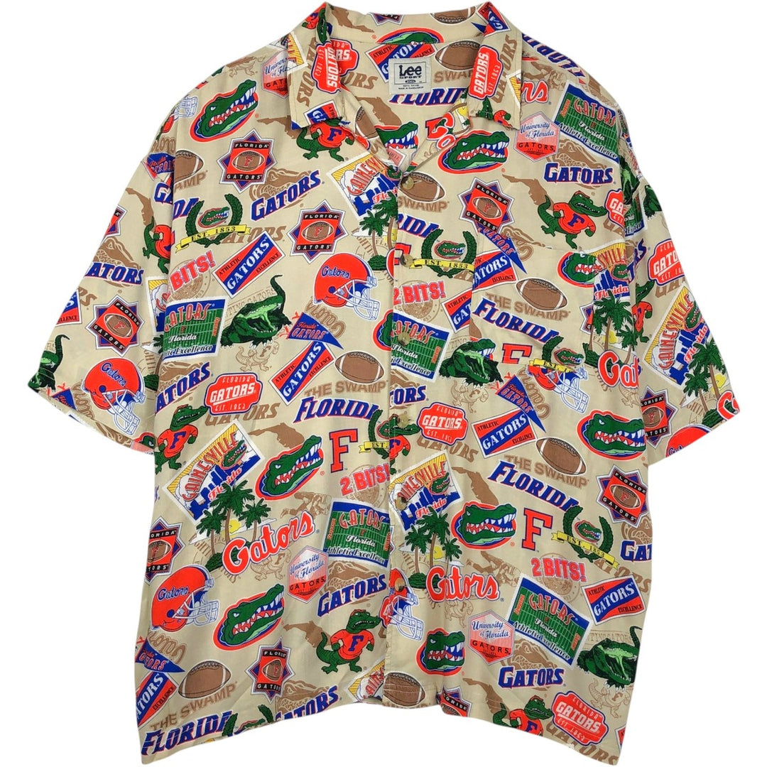 90s-00'S Lee SPORT all-over print open-collar college style rayon Hawaiian Aloha shirt, boxy fit, men's size XXL. Rayon Beige type Vintage Second Hand