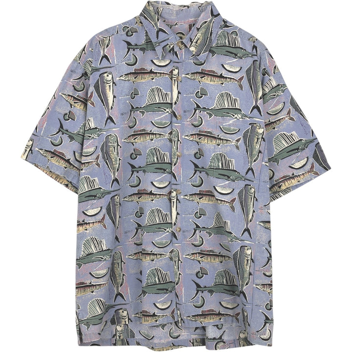 KAHALA All-over fish print Hawaiian Aloha shirt, boxy style, made in Hawaii, men's size L equivalent. cotton blue type Vintage Second Hand