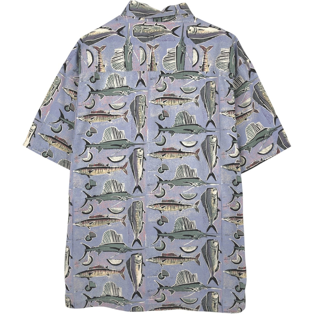 KAHALA All-over fish print Hawaiian Aloha shirt, boxy style, made in Hawaii, men's size L equivalent. cotton blue type Vintage Second Hand