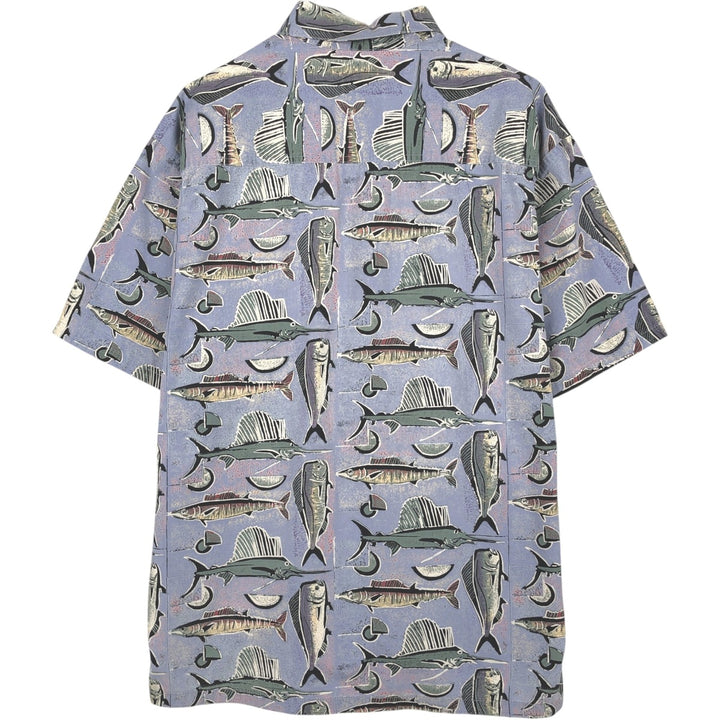 KAHALA All-over fish print Hawaiian Aloha shirt, boxy style, made in Hawaii, men's size L equivalent. cotton blue type Vintage Second Hand