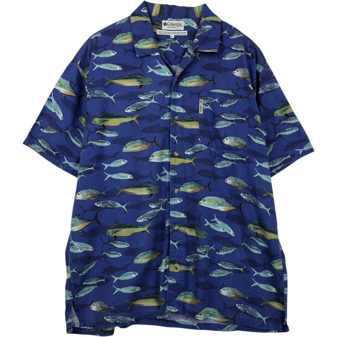 90s-00'S Columbia all-over fish print open collar cotton x rayon Hawaiian aloha shirt box shirt men's size L Rayon blue type Vintage Second Hand