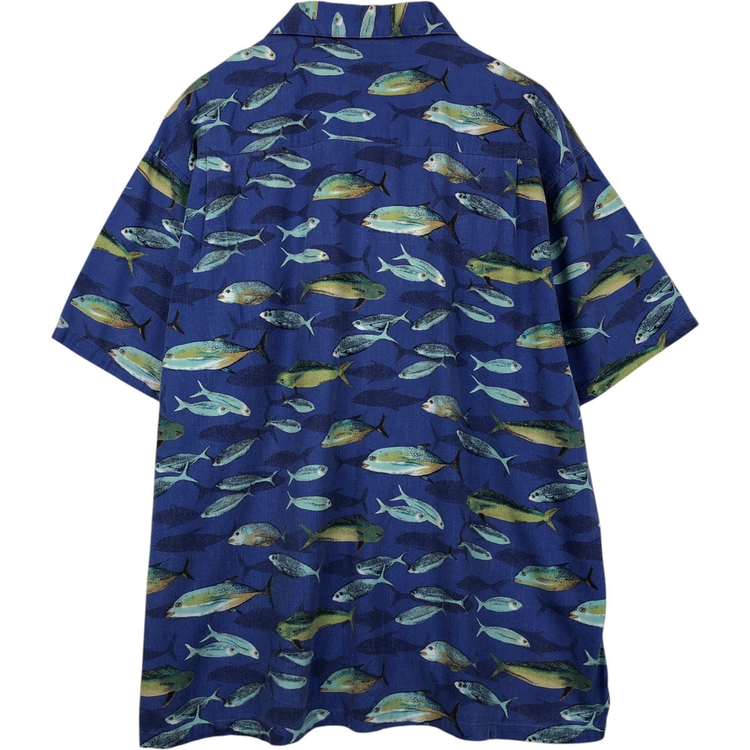 90s-00'S Columbia all-over fish print open collar cotton x rayon Hawaiian aloha shirt box shirt men's size L Rayon blue type Vintage Second Hand