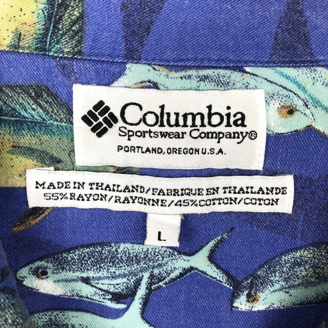 90s-00'S Columbia all-over fish print open collar cotton x rayon Hawaiian aloha shirt box shirt men's size L Rayon blue type Vintage Second Hand