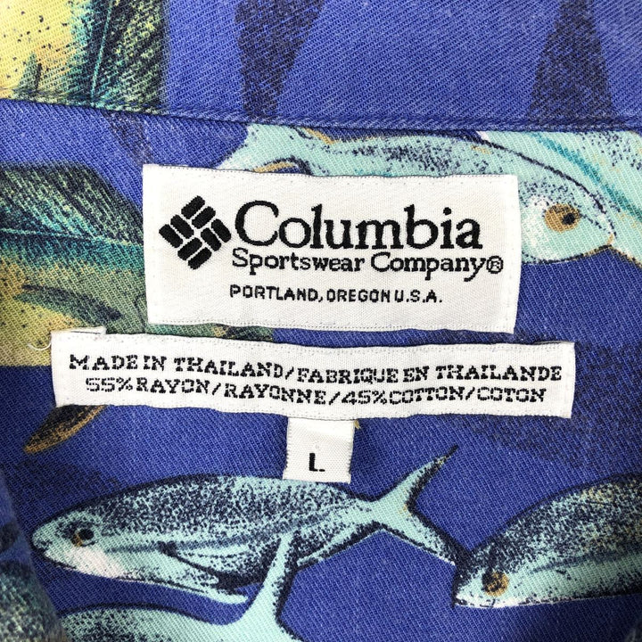 90s-00'S Columbia all-over fish print open collar cotton x rayon Hawaiian aloha shirt box shirt men's size L Rayon blue type Vintage Second Hand