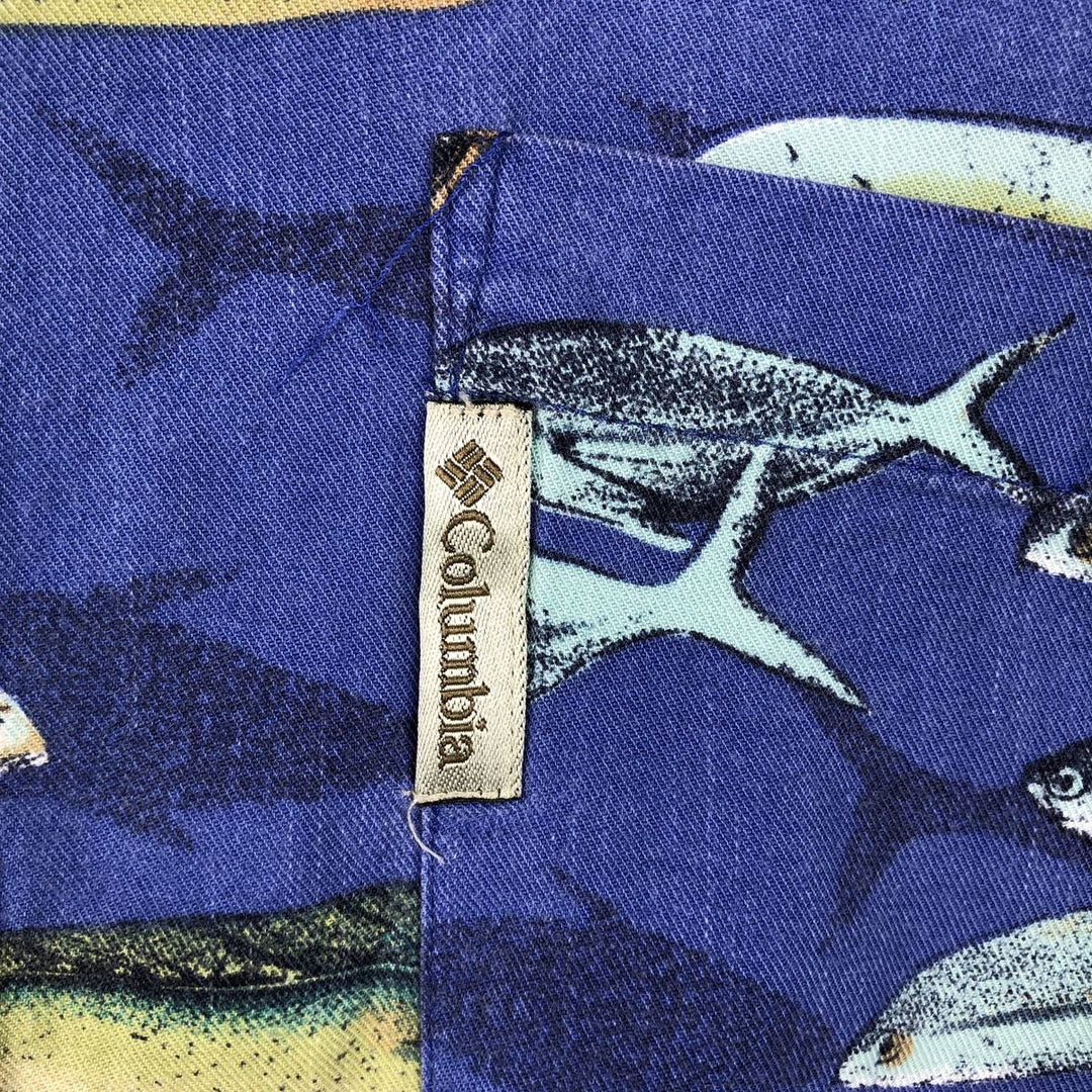 90s-00'S Columbia all-over fish print open collar cotton x rayon Hawaiian aloha shirt box shirt men's size L Rayon blue type Vintage Second Hand