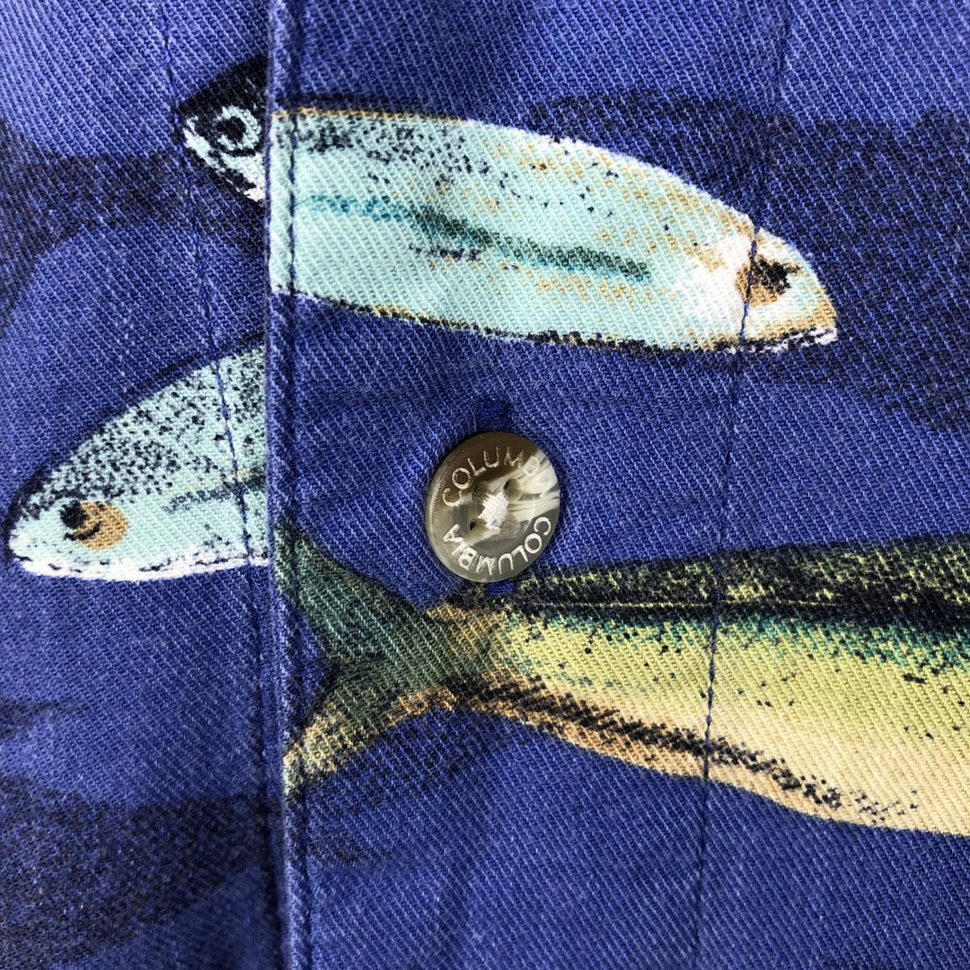 90s-00'S Columbia all-over fish print open collar cotton x rayon Hawaiian aloha shirt box shirt men's size L Rayon blue type Vintage Second Hand