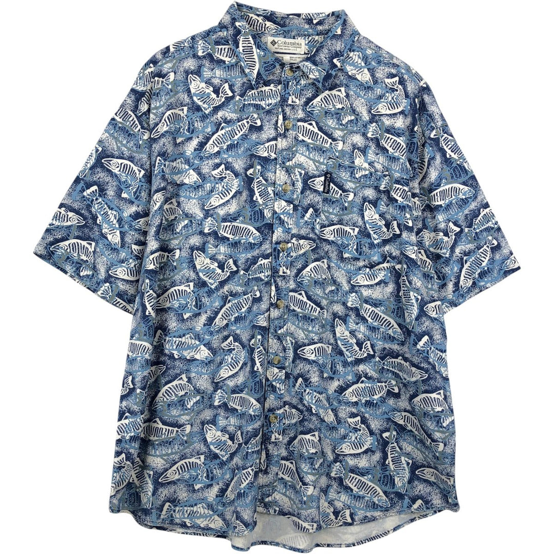 90s-00'S Columbia all-over fish print rayon Hawaiian Aloha shirt, men's size XL equivalent, vintage. Rayon blue type Vintage Second Hand