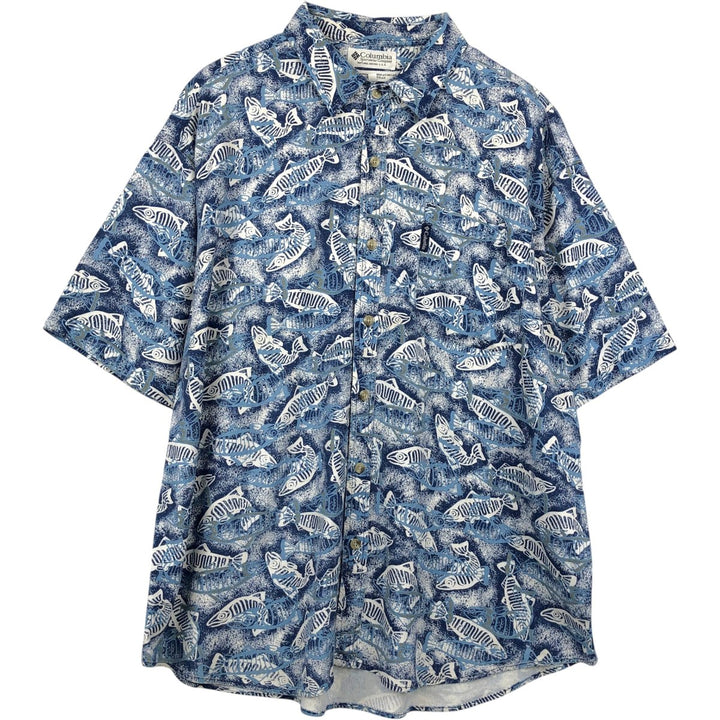 90s-00'S Columbia all-over fish print rayon Hawaiian Aloha shirt, men's size XL equivalent, vintage. Rayon blue type Vintage Second Hand