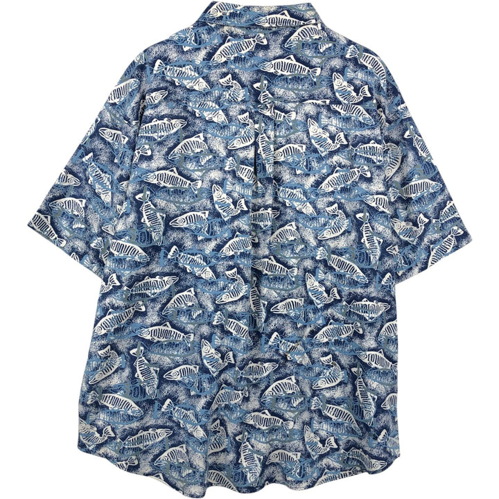 90s-00'S Columbia all-over fish print rayon Hawaiian Aloha shirt, men's size XL equivalent, vintage. Rayon blue type Vintage Second Hand