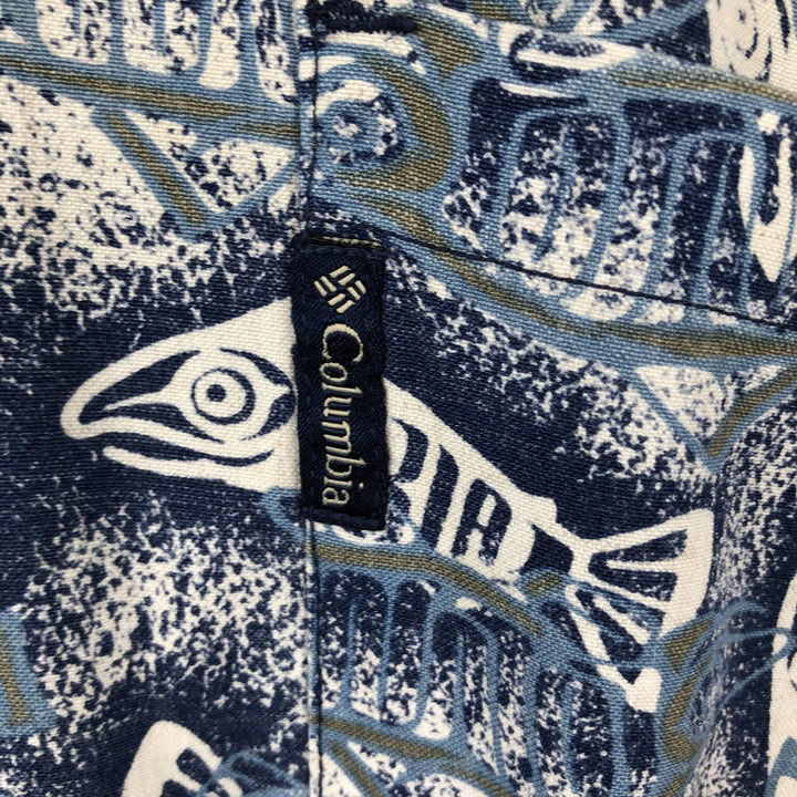 90s-00'S Columbia all-over fish print rayon Hawaiian Aloha shirt, men's size XL equivalent, vintage. Rayon blue type Vintage Second Hand