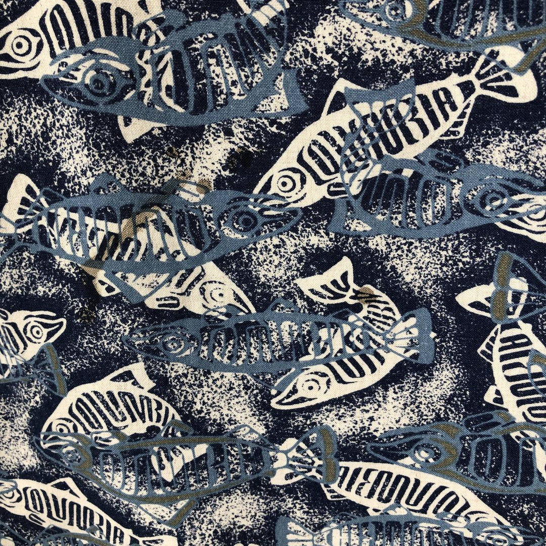 90s-00'S Columbia all-over fish print rayon Hawaiian Aloha shirt, men's size XL equivalent, vintage. Rayon blue type Vintage Second Hand