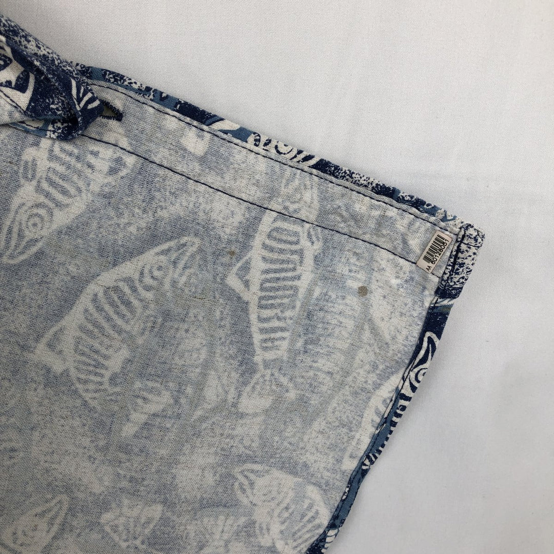 90s-00'S Columbia all-over fish print rayon Hawaiian Aloha shirt, men's size XL equivalent, vintage. Rayon blue type Vintage Second Hand