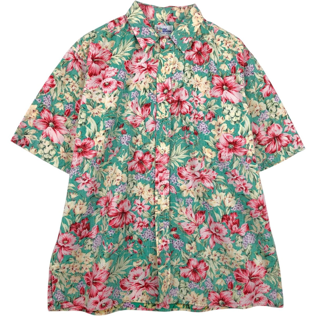 90'S Reyn Spooner swimwear tag, bikini tag, all-over floral print, Hawaiian Aloha shirt, boxy shirt, made in Hawaii, men's size XL equivalent. cotton Emerald green Vintage Second Hand