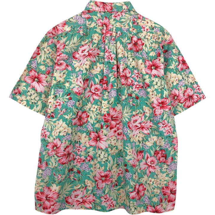 90'S Reyn Spooner swimwear tag, bikini tag, all-over floral print, Hawaiian Aloha shirt, boxy shirt, made in Hawaii, men's size XL equivalent. cotton Emerald green Vintage Second Hand