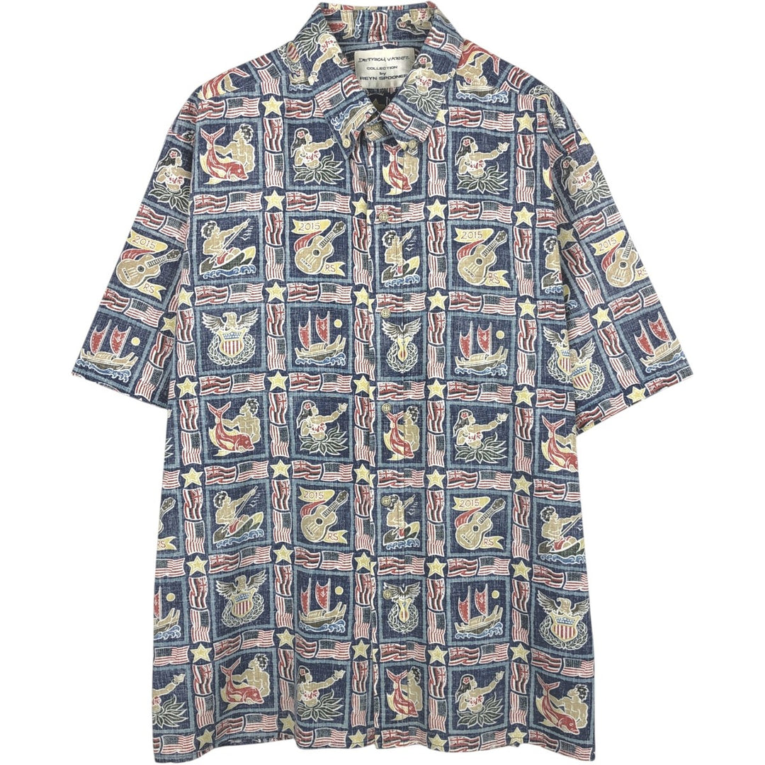 90'S Reyn Spooner DIETRICH VAREZ COLLECTION all-over print button-down Aloha shirt, boxy style, men's size XL. cotton navy blue type Vintage Second Hand