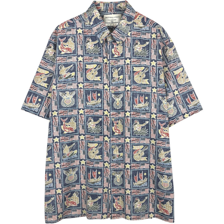 90'S Reyn Spooner DIETRICH VAREZ COLLECTION all-over print button-down Aloha shirt, boxy style, men's size XL. cotton navy blue type Vintage Second Hand