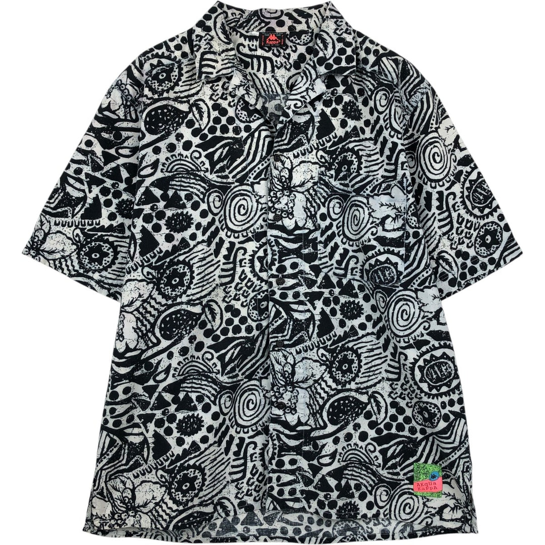 Kappa all-over print open-collar Hawaiian Aloha shirt, boxy style, made in Italy, men's size L equivalent. cotton white type Vintage Second Hand