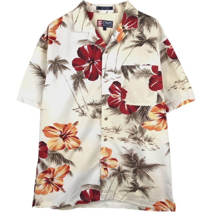 Ralph Lauren CHAPS Hawaiian Aloha Shirt, Hibiscus Pattern, Boxy Shirt, Men's Size L (approx.) cotton Beige type Vintage Second Hand