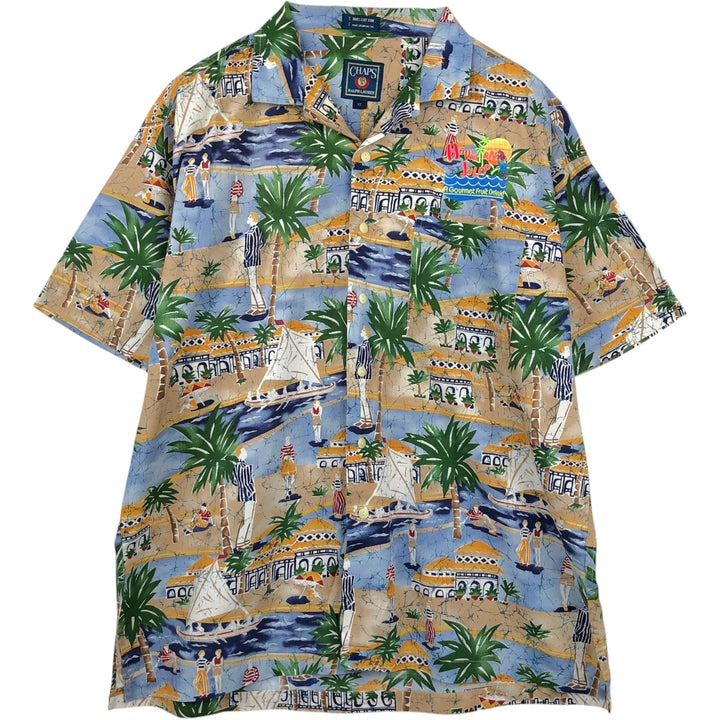 Ralph Lauren CHAPS All-over print open-collar Hawaiian Aloha shirt, boxy style, men's size XL equivalent. cotton blue type Vintage Second Hand