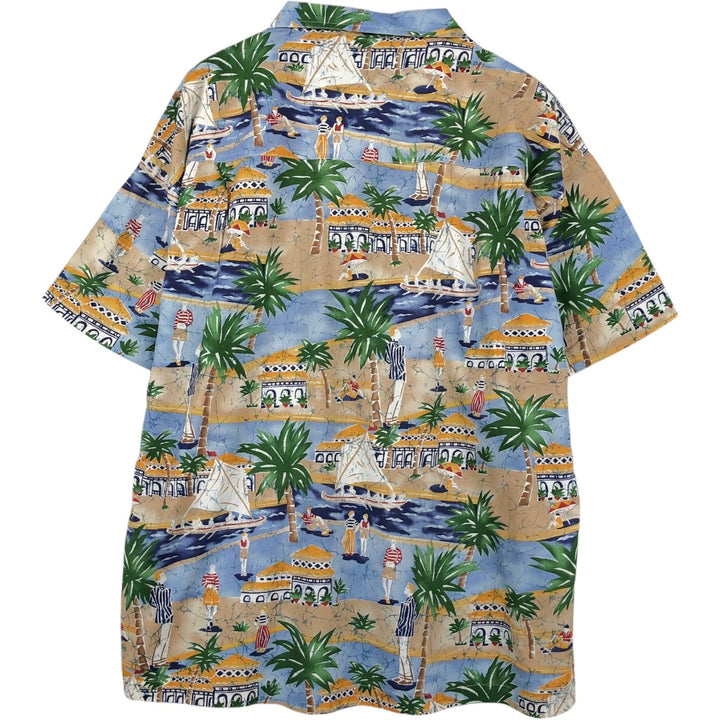 Ralph Lauren CHAPS All-over print open-collar Hawaiian Aloha shirt, boxy style, men's size XL equivalent. cotton blue type Vintage Second Hand