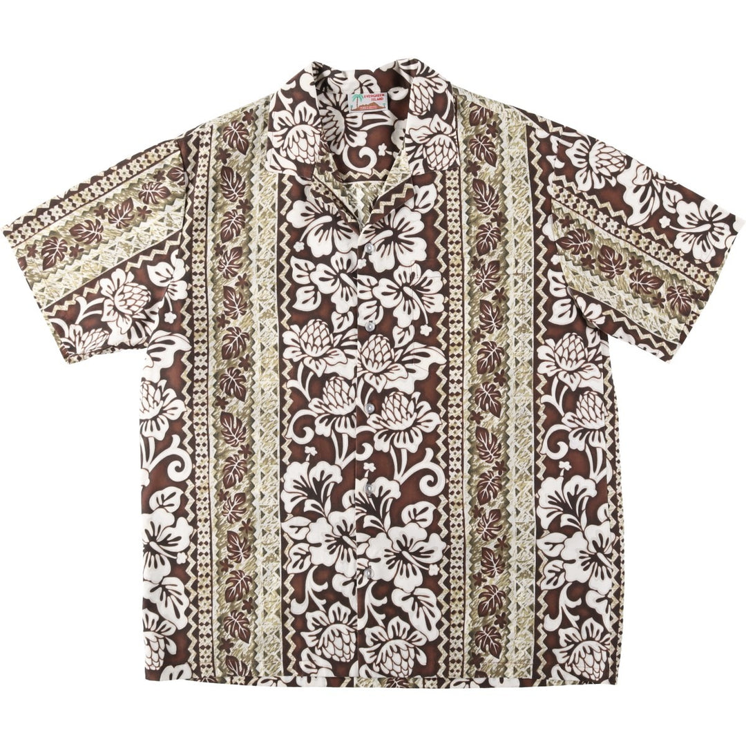 80s-90'S EVERGREEN ISLAND all-over floral and striped open-collar Aloha shirt, boxy fit, men's size L. cotton brown type Vintage Second Hand