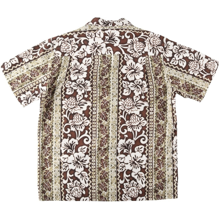 80s-90'S EVERGREEN ISLAND all-over floral and striped open-collar Aloha shirt, boxy fit, men's size L. cotton brown type Vintage Second Hand