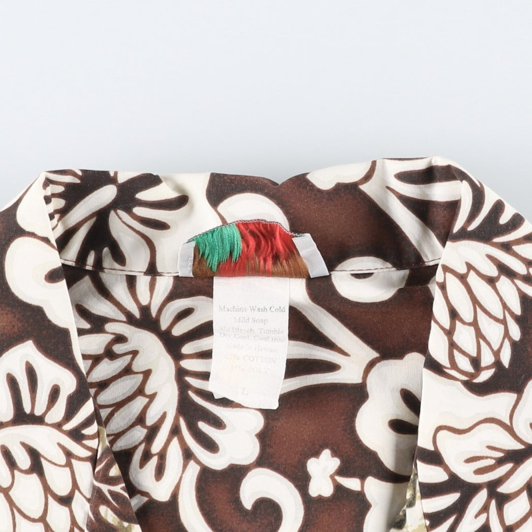 80s-90'S EVERGREEN ISLAND all-over floral and striped open-collar Aloha shirt, boxy fit, men's size L. cotton brown type Vintage Second Hand