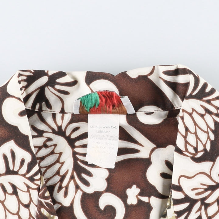 80s-90'S EVERGREEN ISLAND all-over floral and striped open-collar Aloha shirt, boxy fit, men's size L. cotton brown type Vintage Second Hand