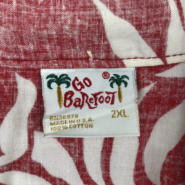 90'S Go Barefoot All-Over Hibiscus Pattern Button-Down Aloha Shirt, Boxy Shirt, Made in USA, Men's XXL Equivalent, Vintage cotton red type Vintage Second Hand