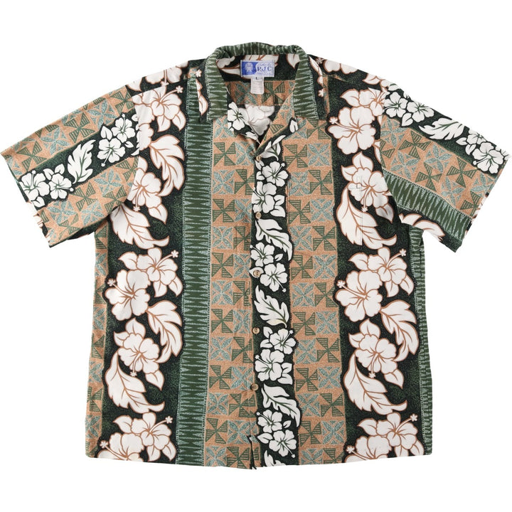 80'S RJC All-over Hibiscus Pattern Border Open Collar Hawaiian Aloha Shirt Box Shirt Men's Size L cotton Beige type Vintage Second Hand