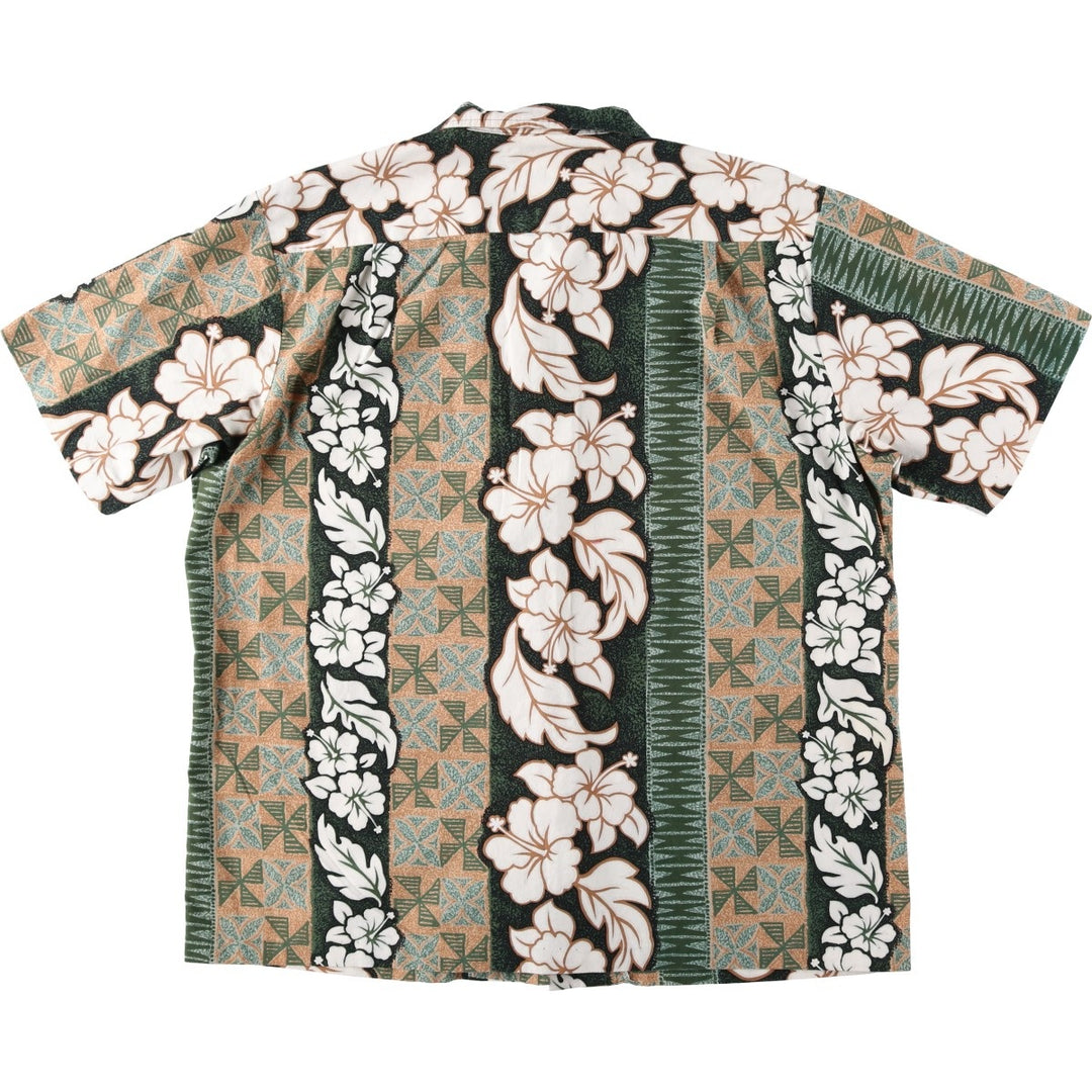 80'S RJC All-over Hibiscus Pattern Border Open Collar Hawaiian Aloha Shirt Box Shirt Men's Size L cotton Beige type Vintage Second Hand