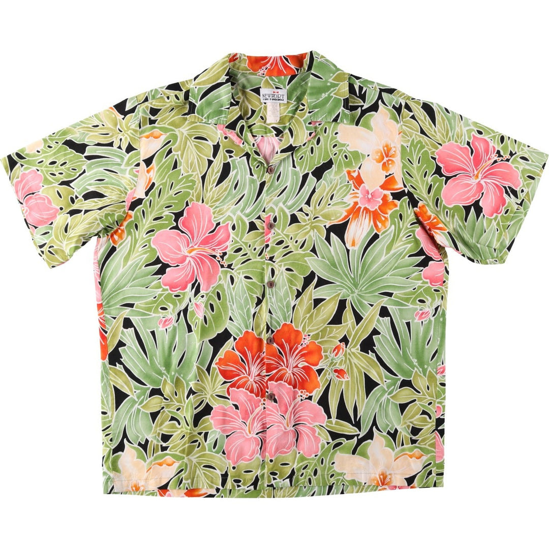 NEWPORT All-over print hibiscus pattern, leaf pattern, open collar Hawaiian aloha shirt, boxy shirt, made in USA, men's size L equivalent. cotton green type Vintage Second Hand