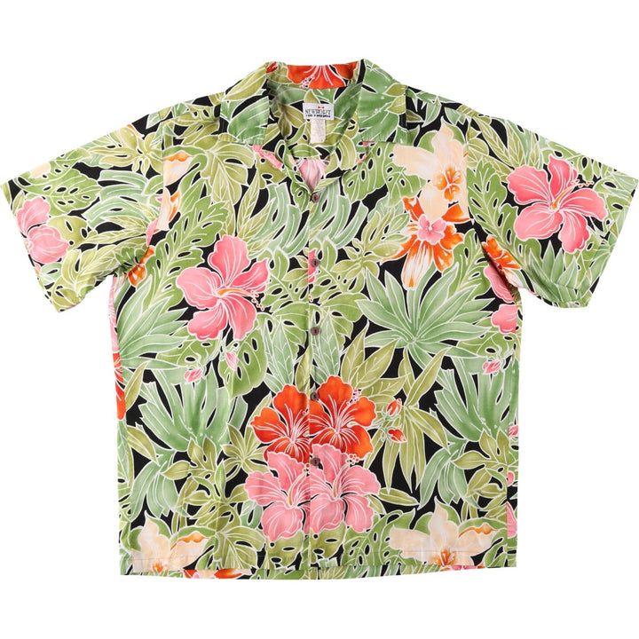 NEWPORT All-over print hibiscus pattern, leaf pattern, open collar Hawaiian aloha shirt, boxy shirt, made in USA, men's size L equivalent. cotton green type Vintage Second Hand