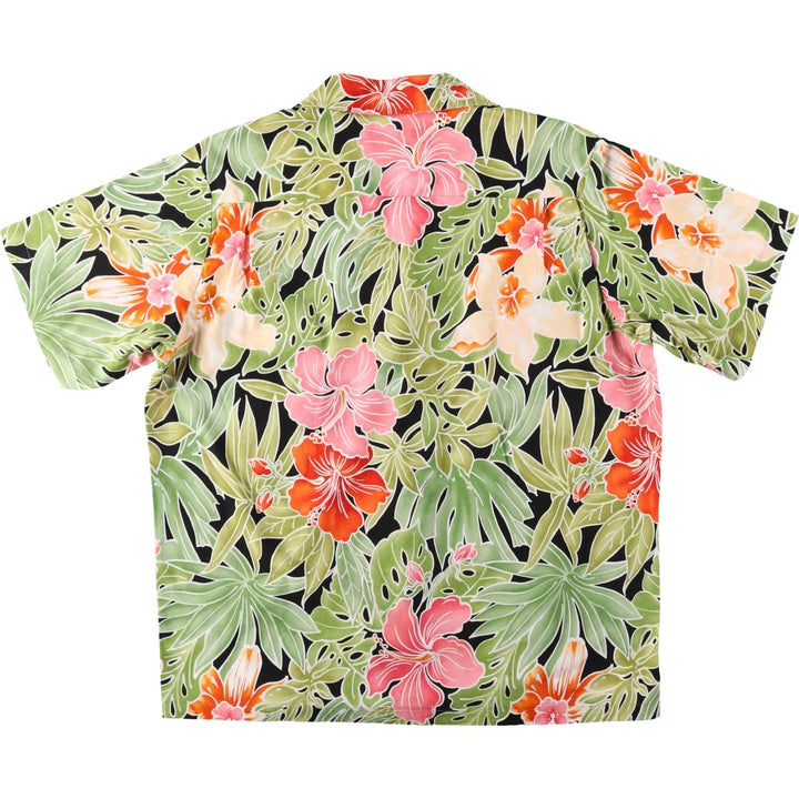 NEWPORT All-over print hibiscus pattern, leaf pattern, open collar Hawaiian aloha shirt, boxy shirt, made in USA, men's size L equivalent. cotton green type Vintage Second Hand
