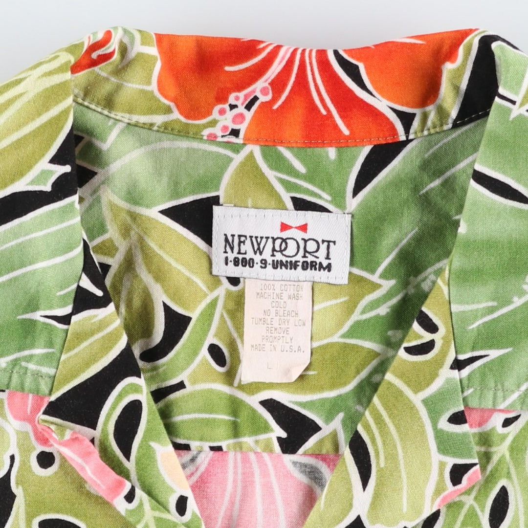 NEWPORT All-over print hibiscus pattern, leaf pattern, open collar Hawaiian aloha shirt, boxy shirt, made in USA, men's size L equivalent. cotton green type Vintage Second Hand