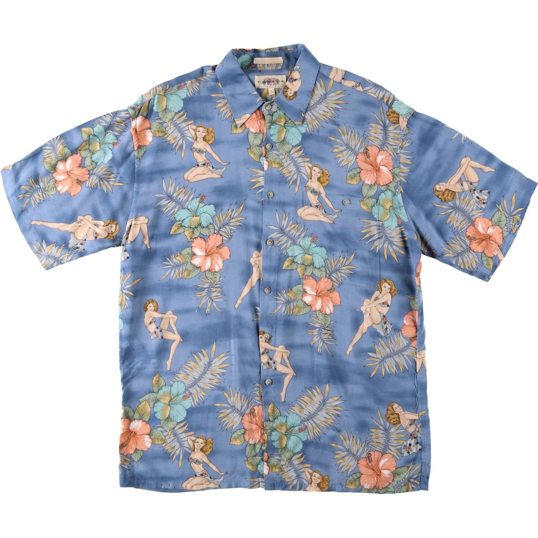 CAMPIA MODA All-over Hibiscus Pattern Pin-up Girl Rayon Hawaiian Aloha Shirt Box Shirt Men's Size L Rayon blue type Vintage Second Hand