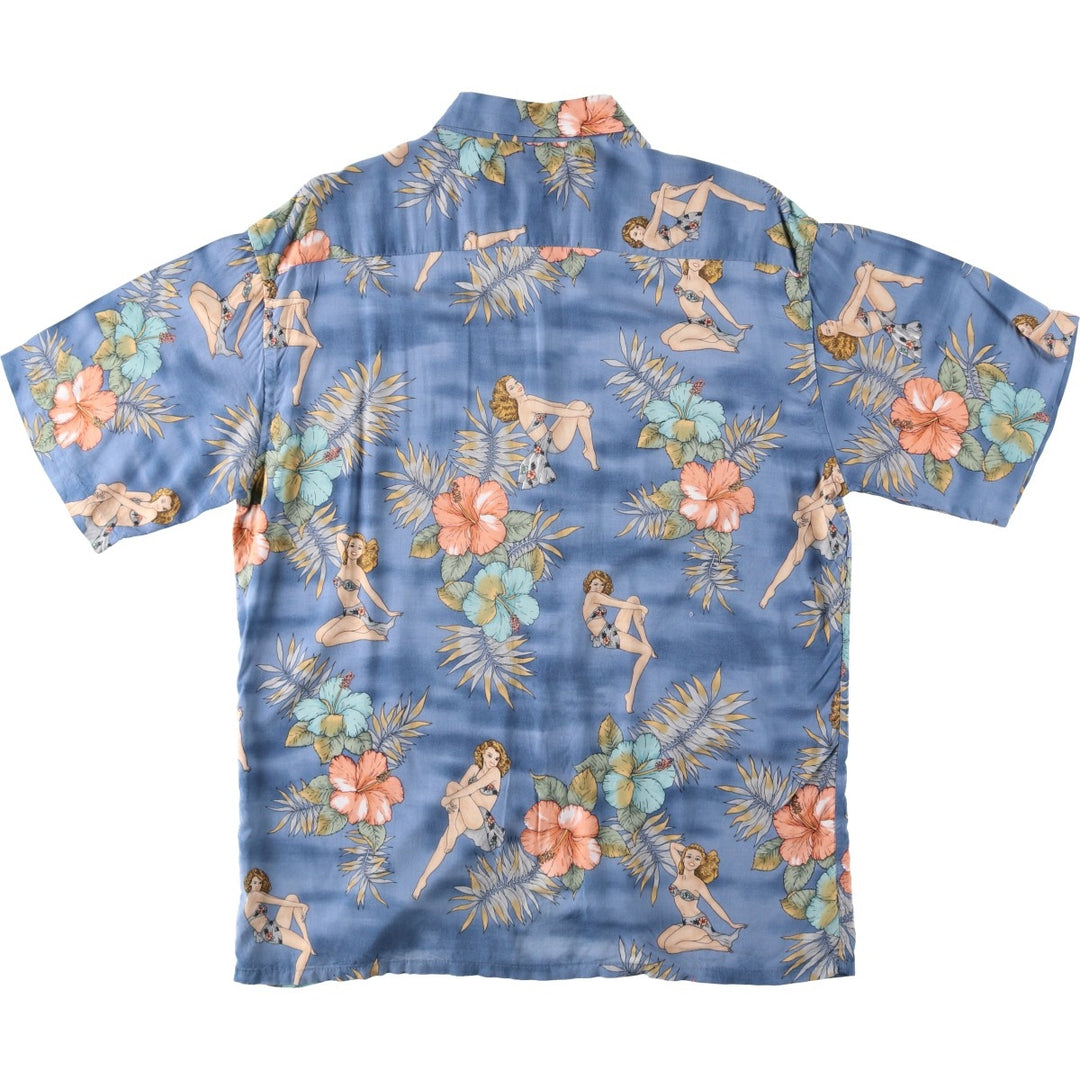 CAMPIA MODA All-over Hibiscus Pattern Pin-up Girl Rayon Hawaiian Aloha Shirt Box Shirt Men's Size L Rayon blue type Vintage Second Hand