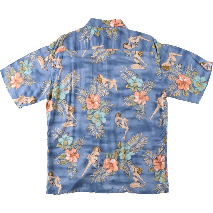 CAMPIA MODA All-over Hibiscus Pattern Pin-up Girl Rayon Hawaiian Aloha Shirt Box Shirt Men's Size L Rayon blue type Vintage Second Hand