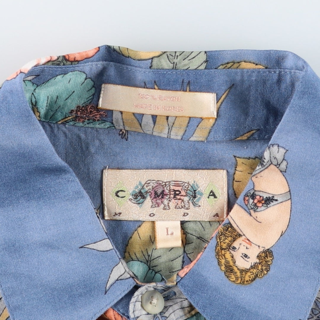 CAMPIA MODA All-over Hibiscus Pattern Pin-up Girl Rayon Hawaiian Aloha Shirt Box Shirt Men's Size L Rayon blue type Vintage Second Hand