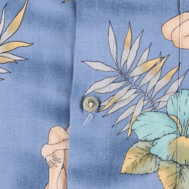 CAMPIA MODA All-over Hibiscus Pattern Pin-up Girl Rayon Hawaiian Aloha Shirt Box Shirt Men's Size L Rayon blue type Vintage Second Hand