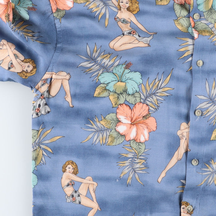CAMPIA MODA All-over Hibiscus Pattern Pin-up Girl Rayon Hawaiian Aloha Shirt Box Shirt Men's Size L Rayon blue type Vintage Second Hand