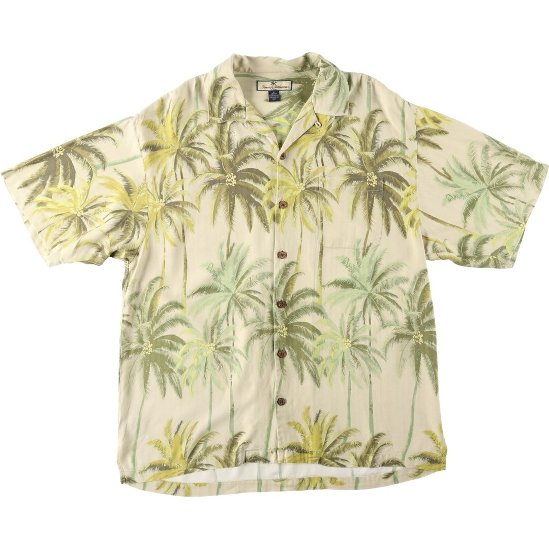 Tommy Bahama all-over palm tree herringbone open-collar silk Hawaiian Aloha shirt, boxy fit, men's size M. silk Khaki type beige Vintage Second Hand