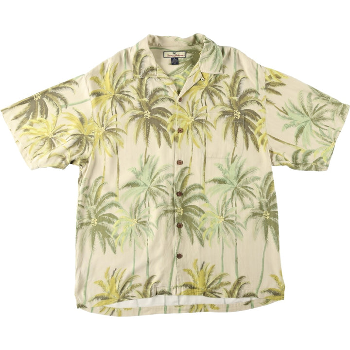 Tommy Bahama all-over palm tree herringbone open-collar silk Hawaiian Aloha shirt, boxy fit, men's size M. silk Khaki type beige Vintage Second Hand