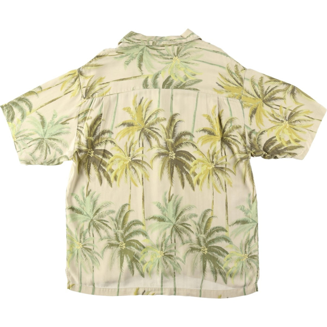 Tommy Bahama all-over palm tree herringbone open-collar silk Hawaiian Aloha shirt, boxy fit, men's size M. silk Khaki type beige Vintage Second Hand